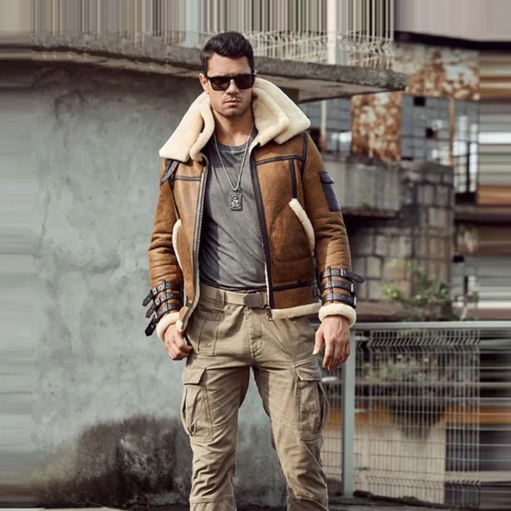 New Mens Aviator Brown Double Collar Flight Shearling Leather Jacket Coat - bombersflight