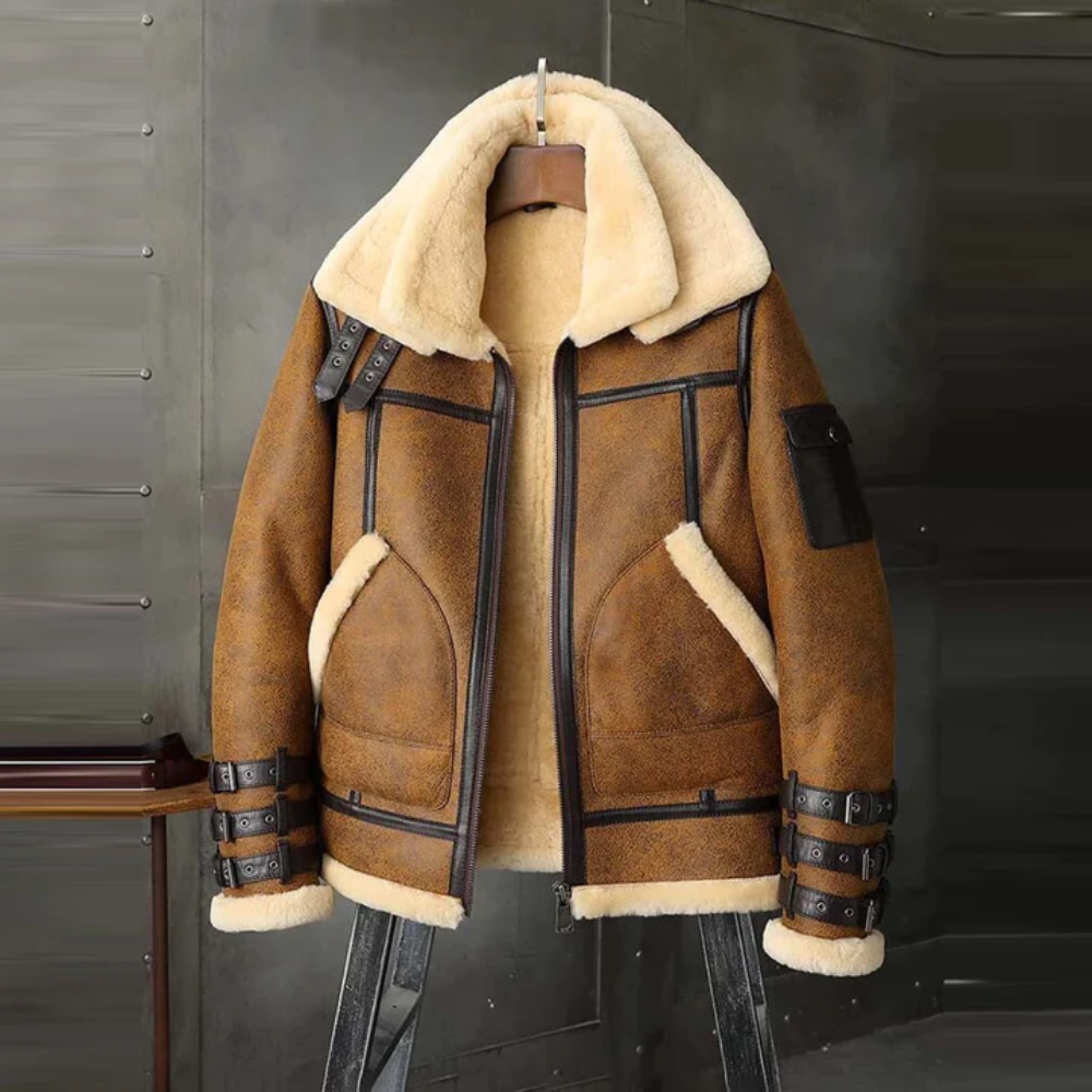 New Mens Aviator Brown Double Collar Flight Shearling Leather Jacket Coat - bombersflight