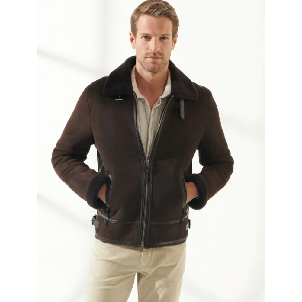 New Men Aviator Brown Sheepskin Shearling Jacket - bombersflight