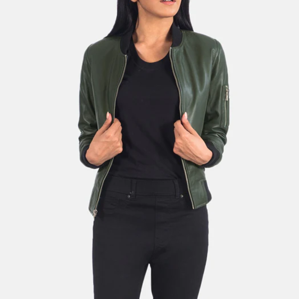 Green Women Sheepskin A-1 Bomber Leather Jacket