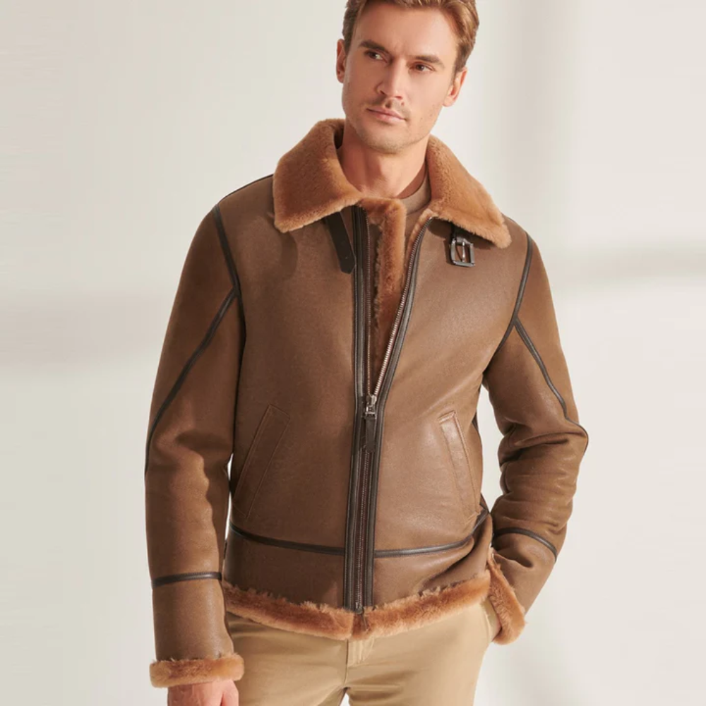 New Men Camel Brown Shearling Pilot Aviator Leather Jacket - bombersflight