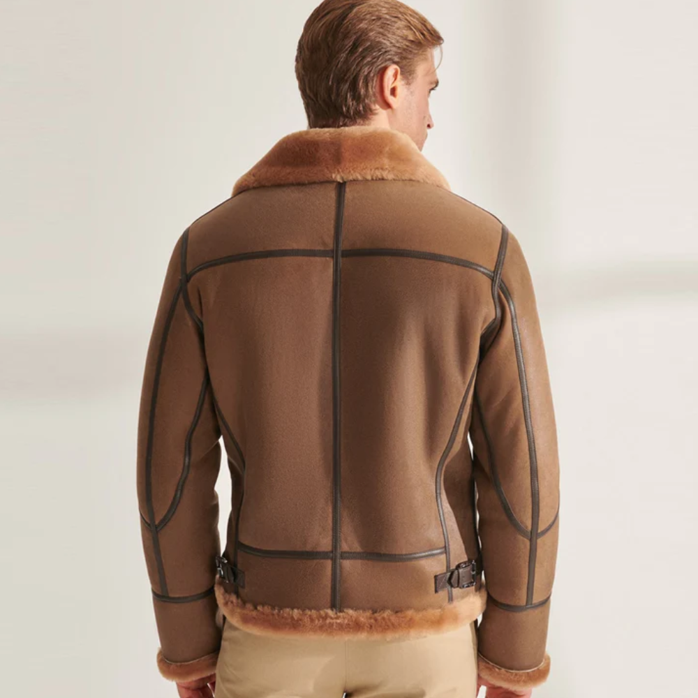 New Men Camel Brown Shearling Pilot Aviator Leather Jacket - bombersflight