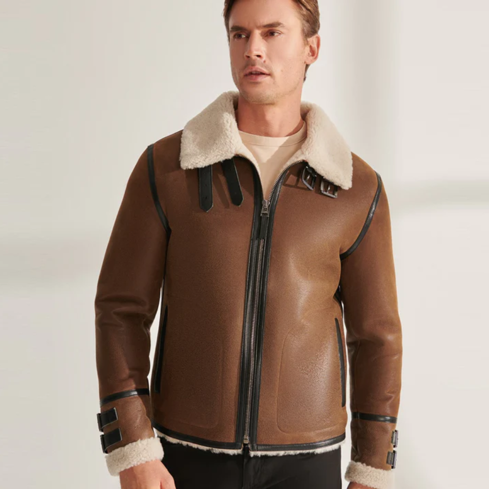 New Men Tan Brown Pilot Shearling Leather Aviator Jacket - bombersflight