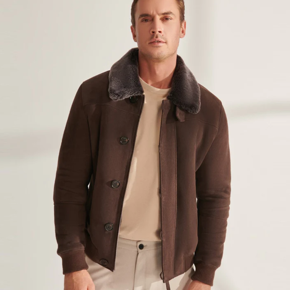 New Men Brown Shearling Aviator Leather Bomber Jacket - bombersflight