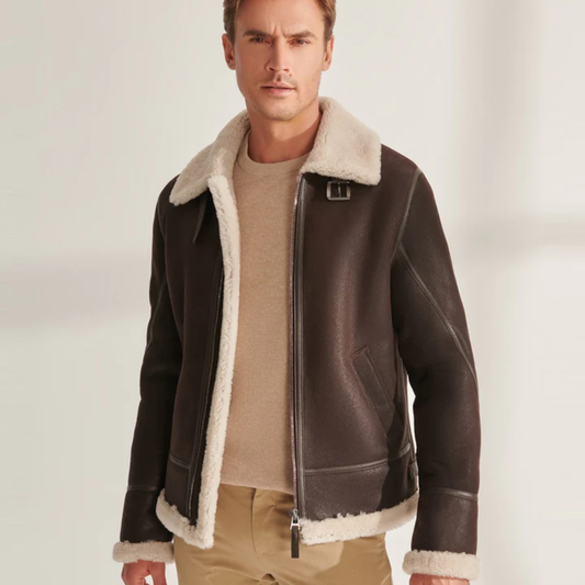 New Men Brown Pilot Shearling Leather Aviator Jacket - bombersflight