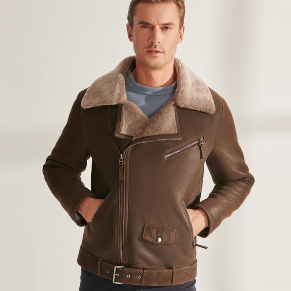 New Mens Brown Biker Shearling Sheepskin Leather Aviator Jacket - bombersflight