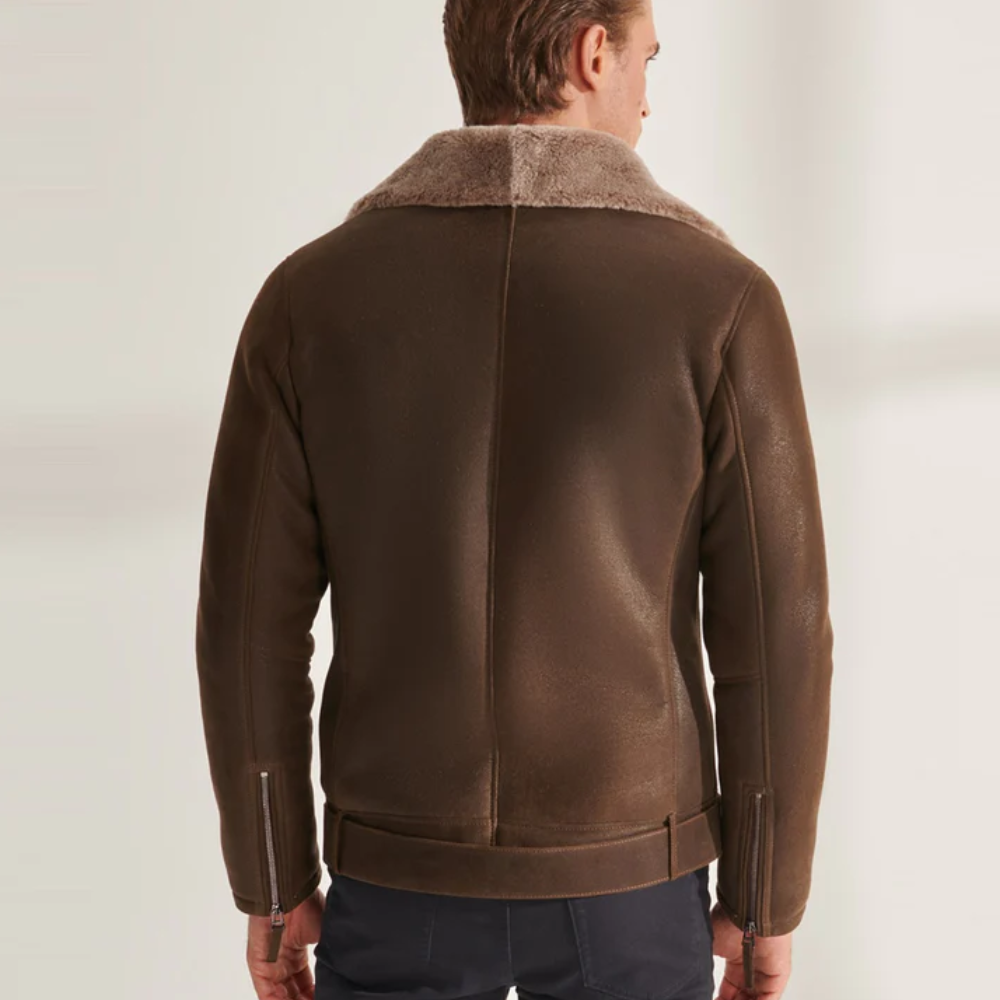 New Mens Brown Biker Shearling Sheepskin Leather Aviator Jacket - bombersflight