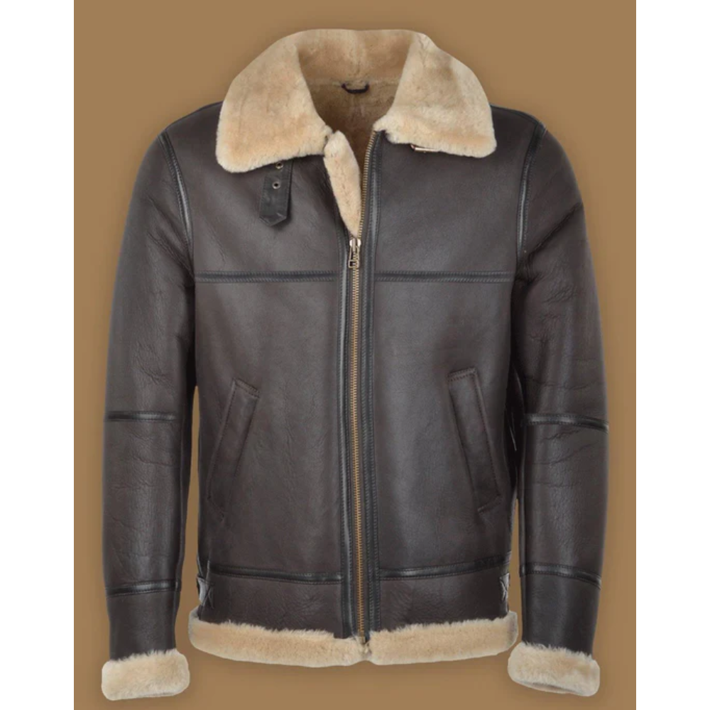 Dark Brown RAF Men Shearling  Leather Bomber Jacket