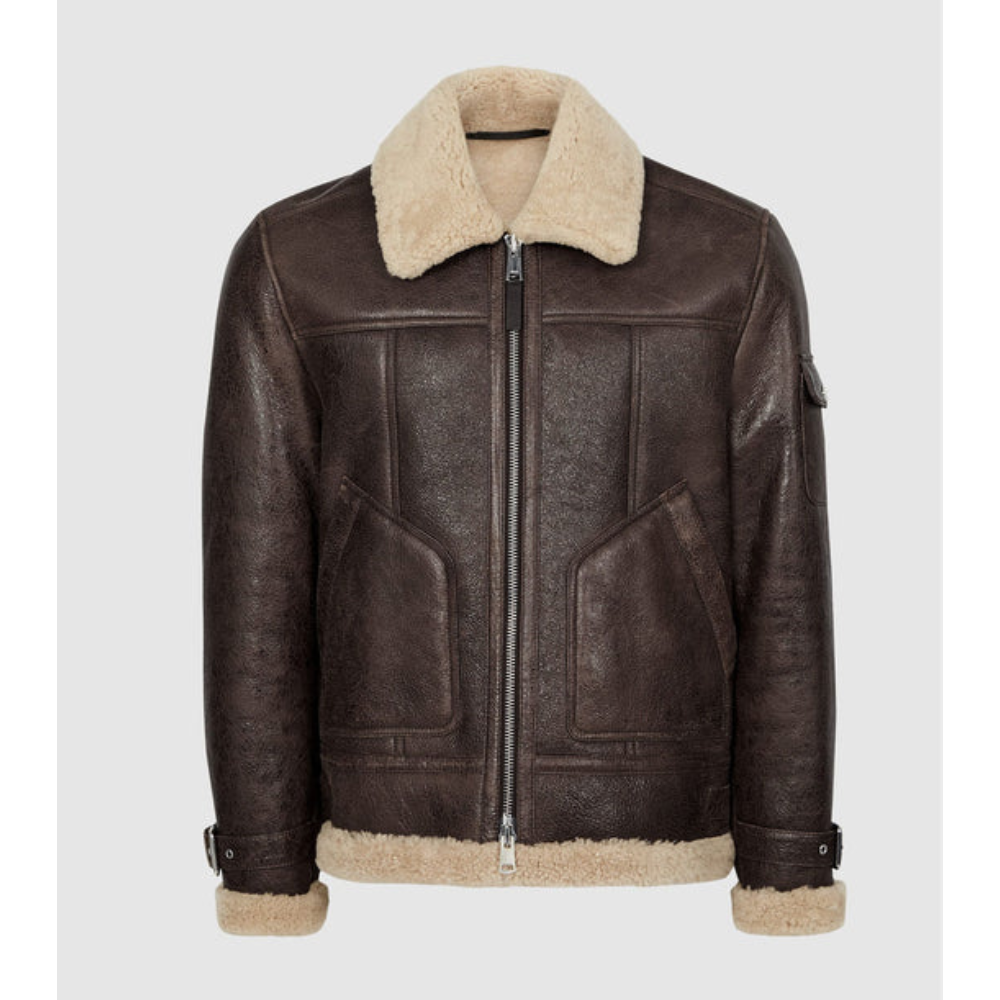 New Brown Aviator Leather Jacket with Shearling Collar - bombersflight