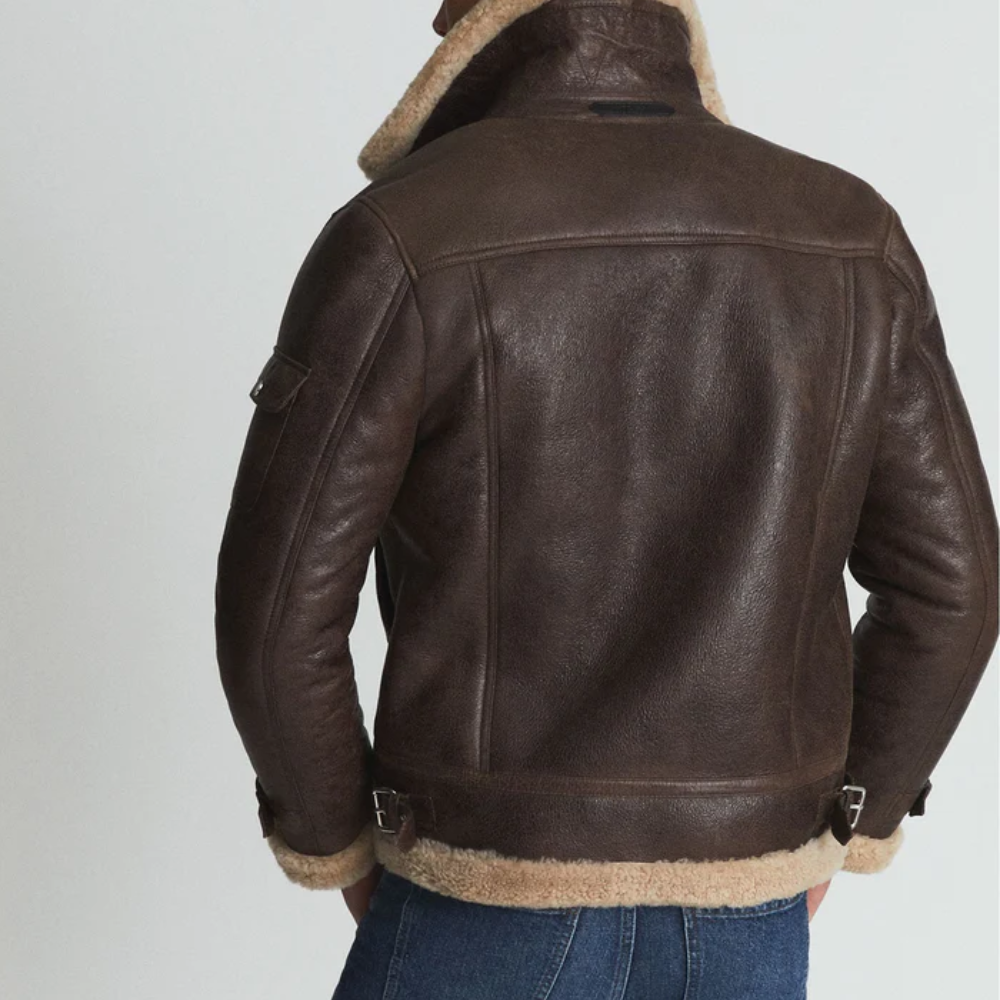 New Brown Aviator Leather Jacket with Shearling Collar - bombersflight