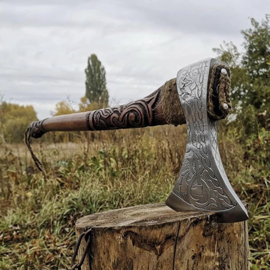 Engraved birch wood and steel viking axe