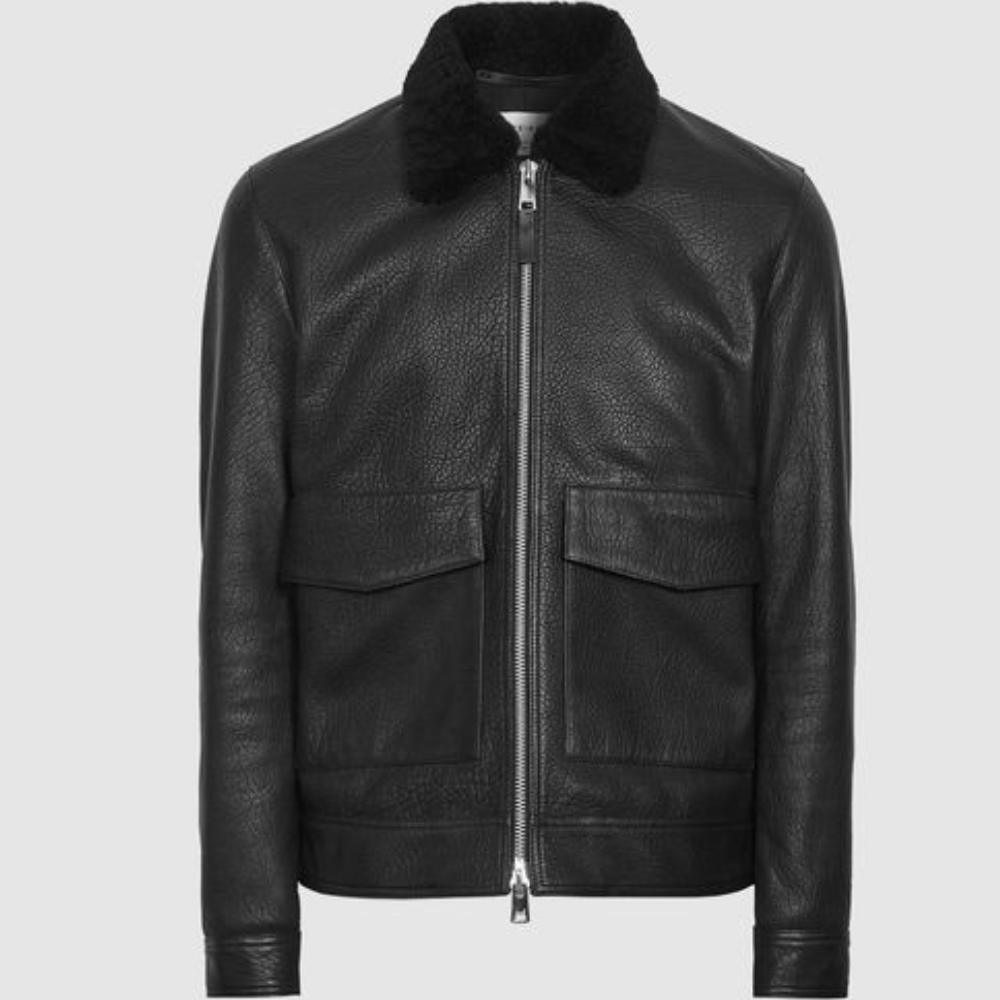 New Black Shearling Collar Aviator Leather Jacket - bombersflight