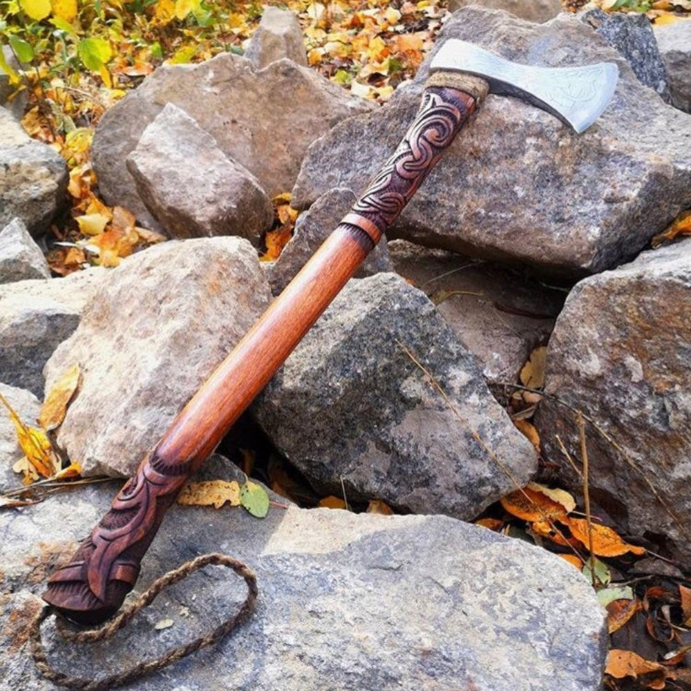 Engraved birch wood and steel viking axe