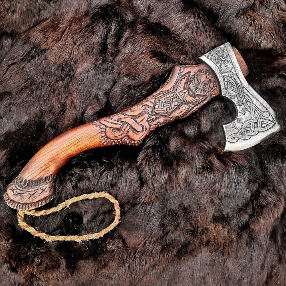 Engraved birch wood and steel viking axe