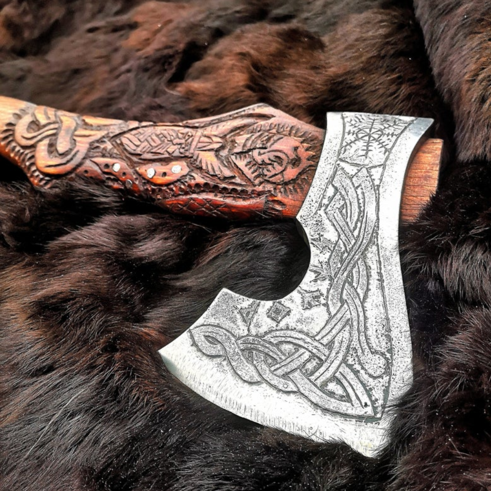 Engraved birch wood and steel viking axe