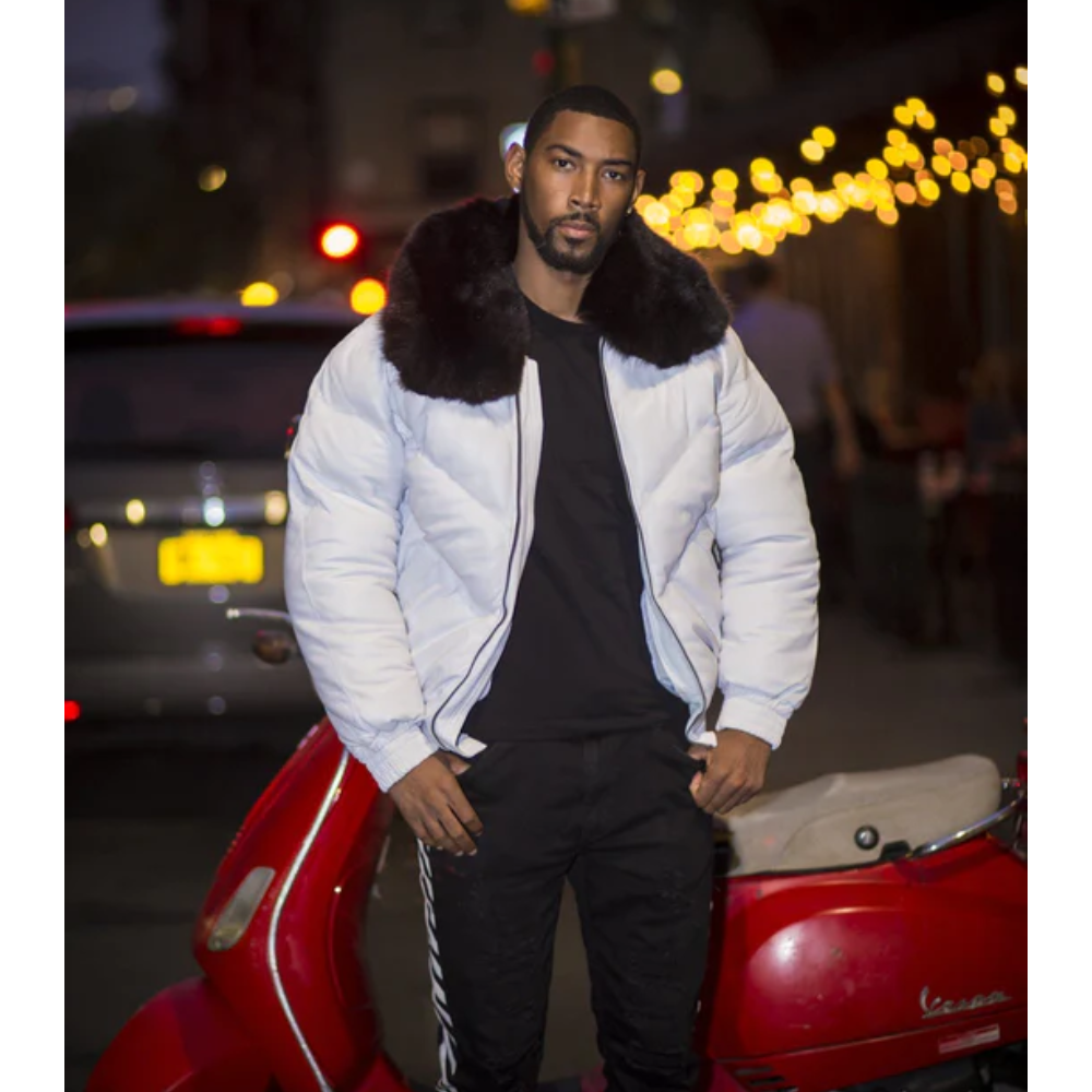 NEW MEN V BOMBER JACKET- WHITE (BLACK FUR) - bombersflight