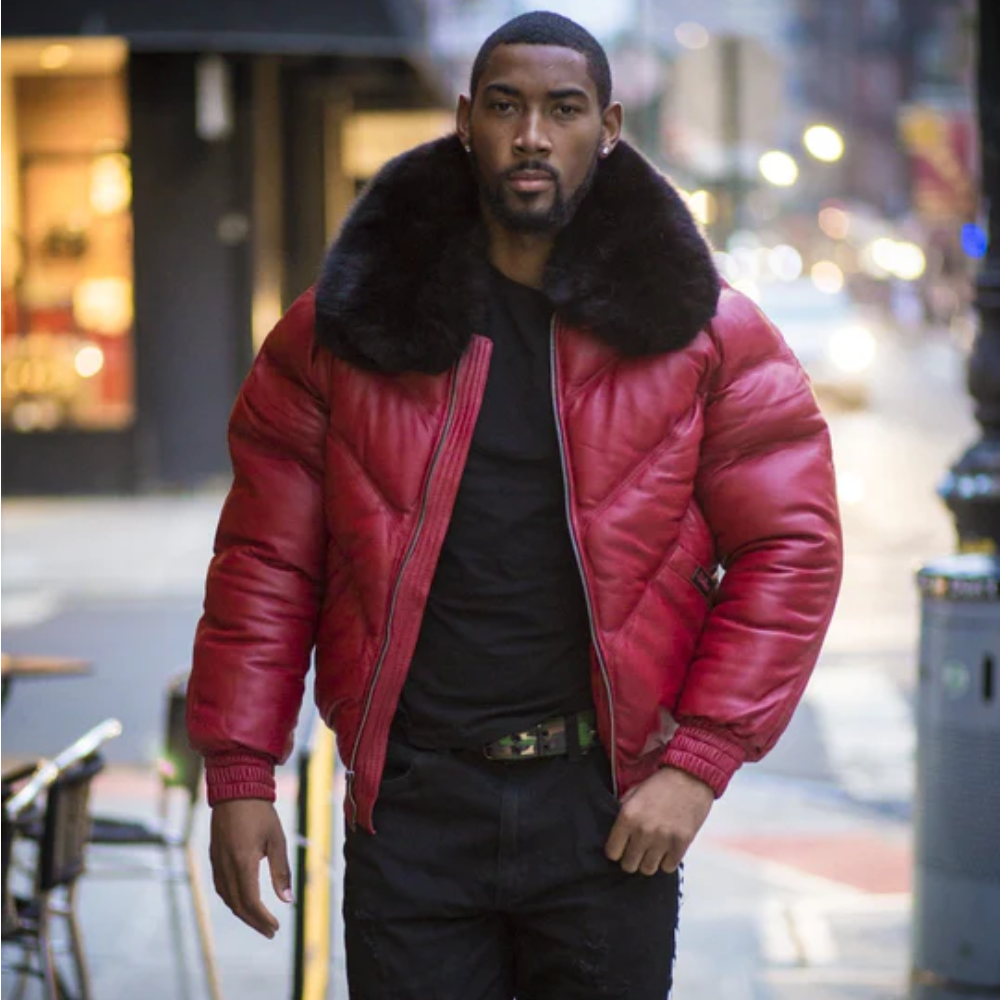 NEW MEN V BOMBER JACKET - RED (BLACK FUR) - bombersflight