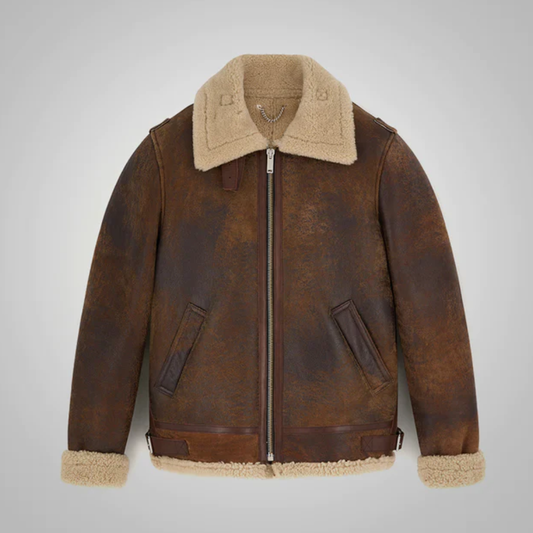 New Mens Brown Distressed Leather Shearling Jacket - bombersflight