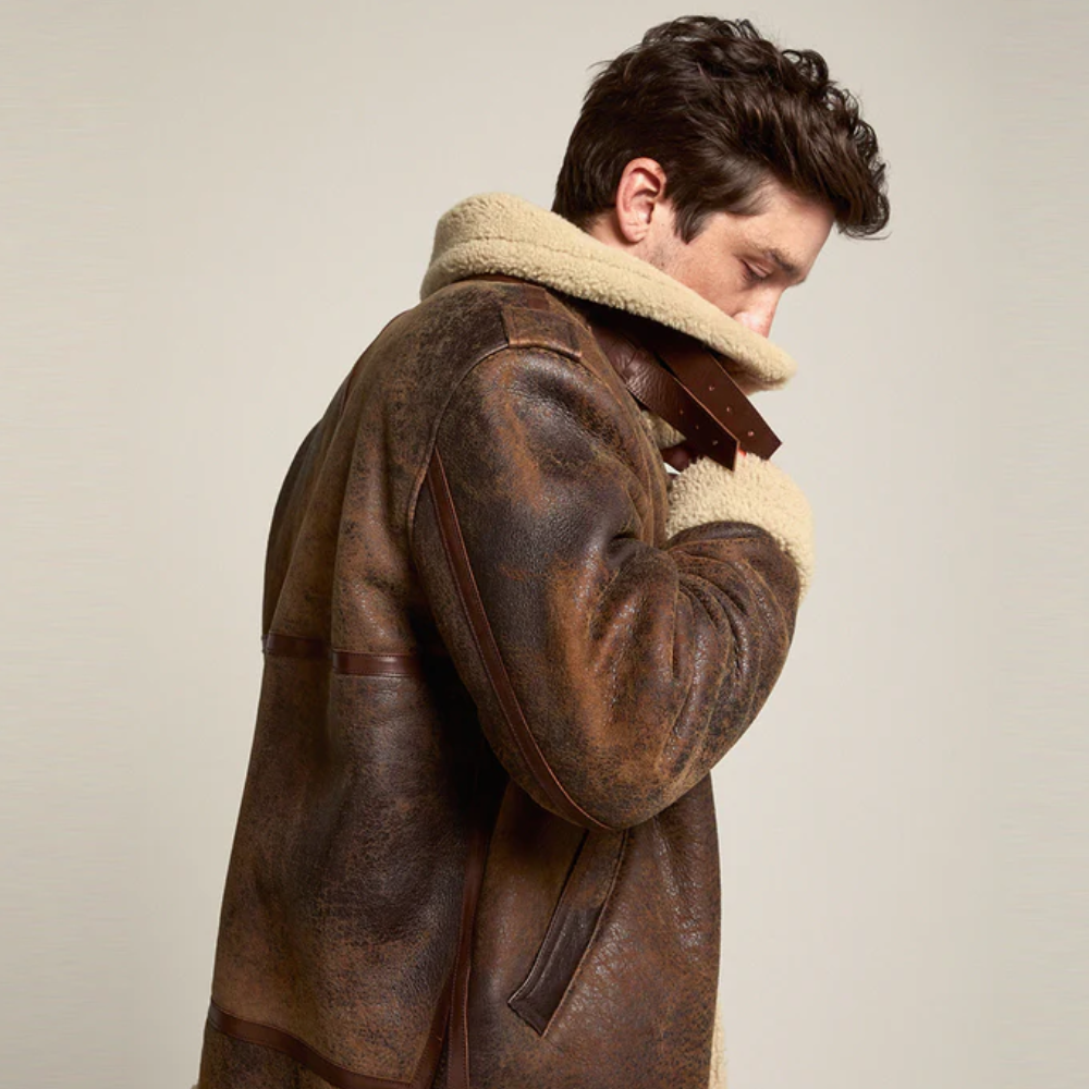 New Mens Brown Distressed Leather Shearling Jacket - bombersflight