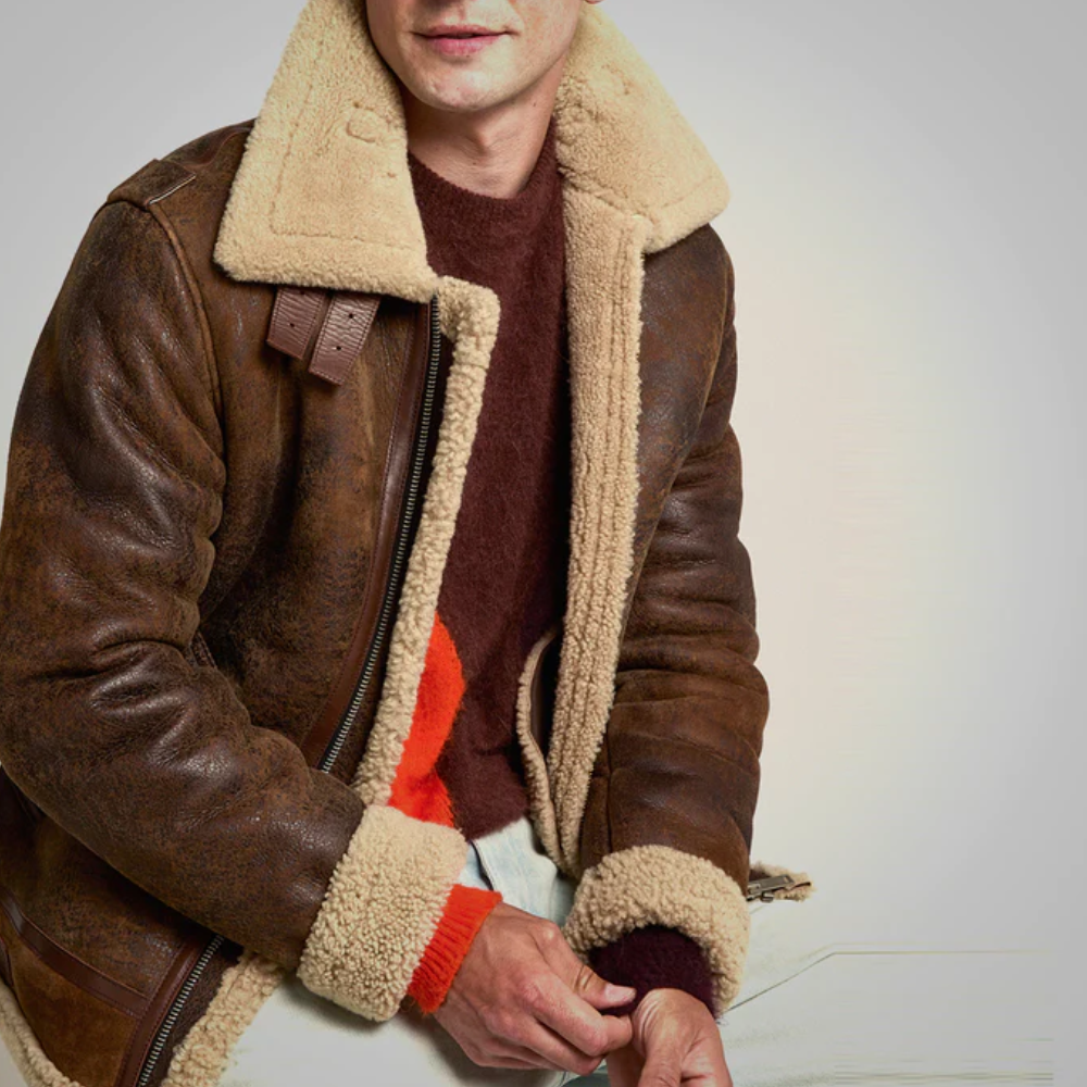 New Mens Brown Distressed Leather Shearling Jacket - bombersflight