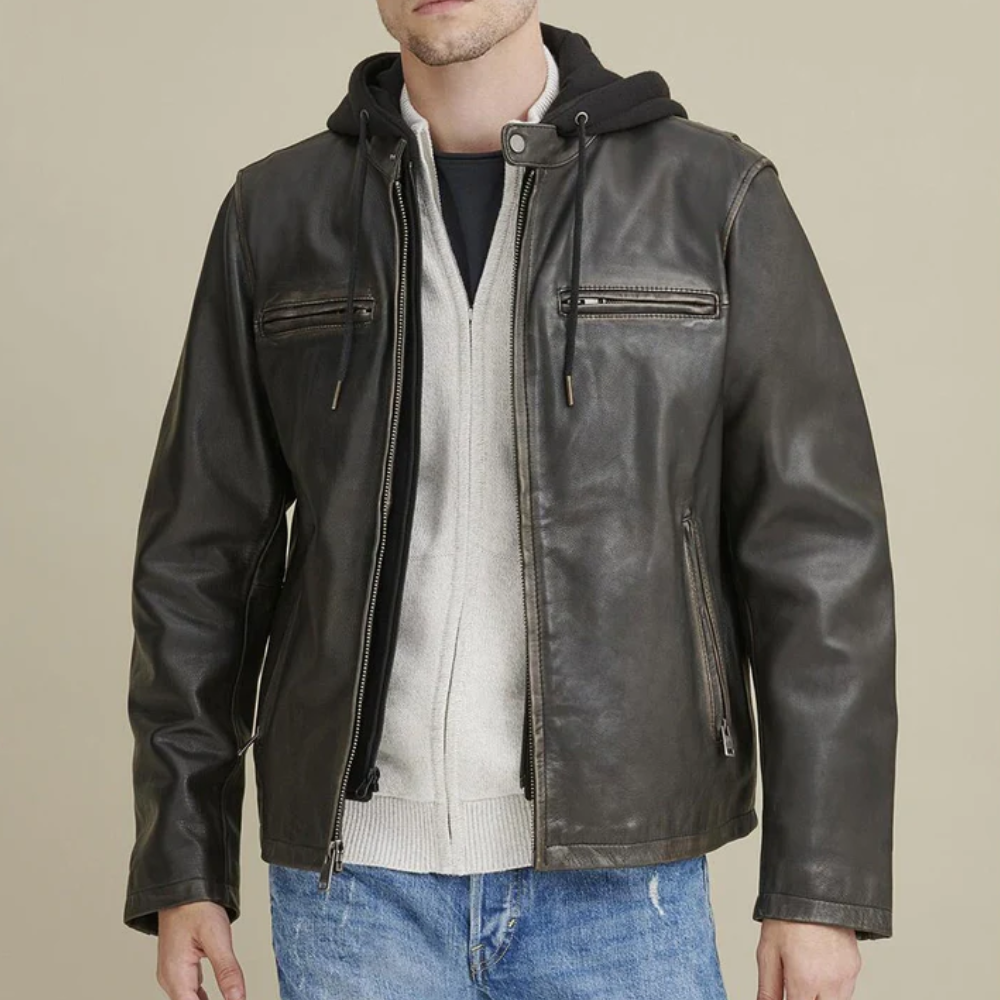 New Mens Hooded Biker Leather Jacket