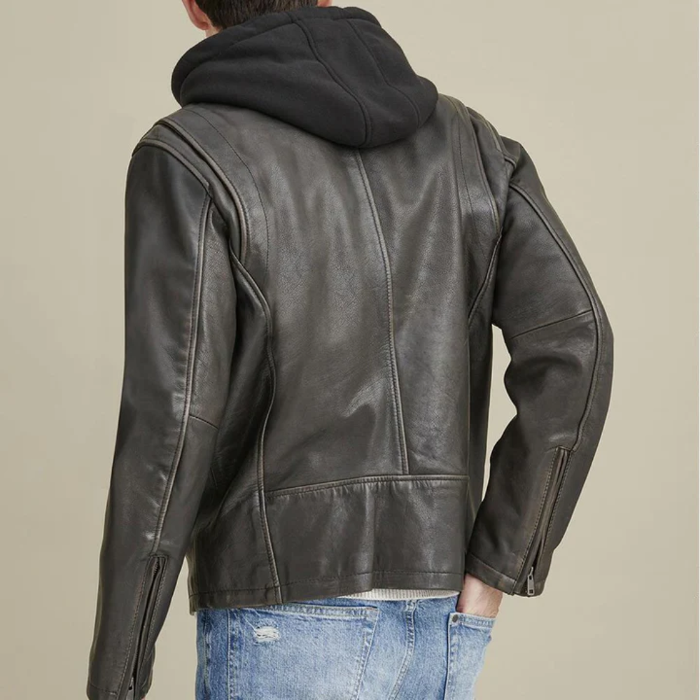 New Mens Hooded Biker Leather Jacket