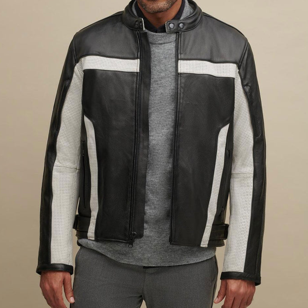 Men's Color Blocked Genuine Leather Biker Jacket