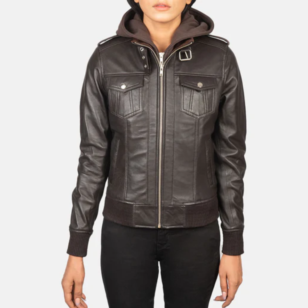 Brown Roslyn Hooded Bomber Leather Jacket