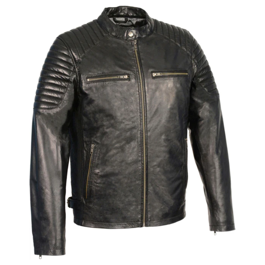 Men's Quilted Shoulders Snap Collar Leather Jacket