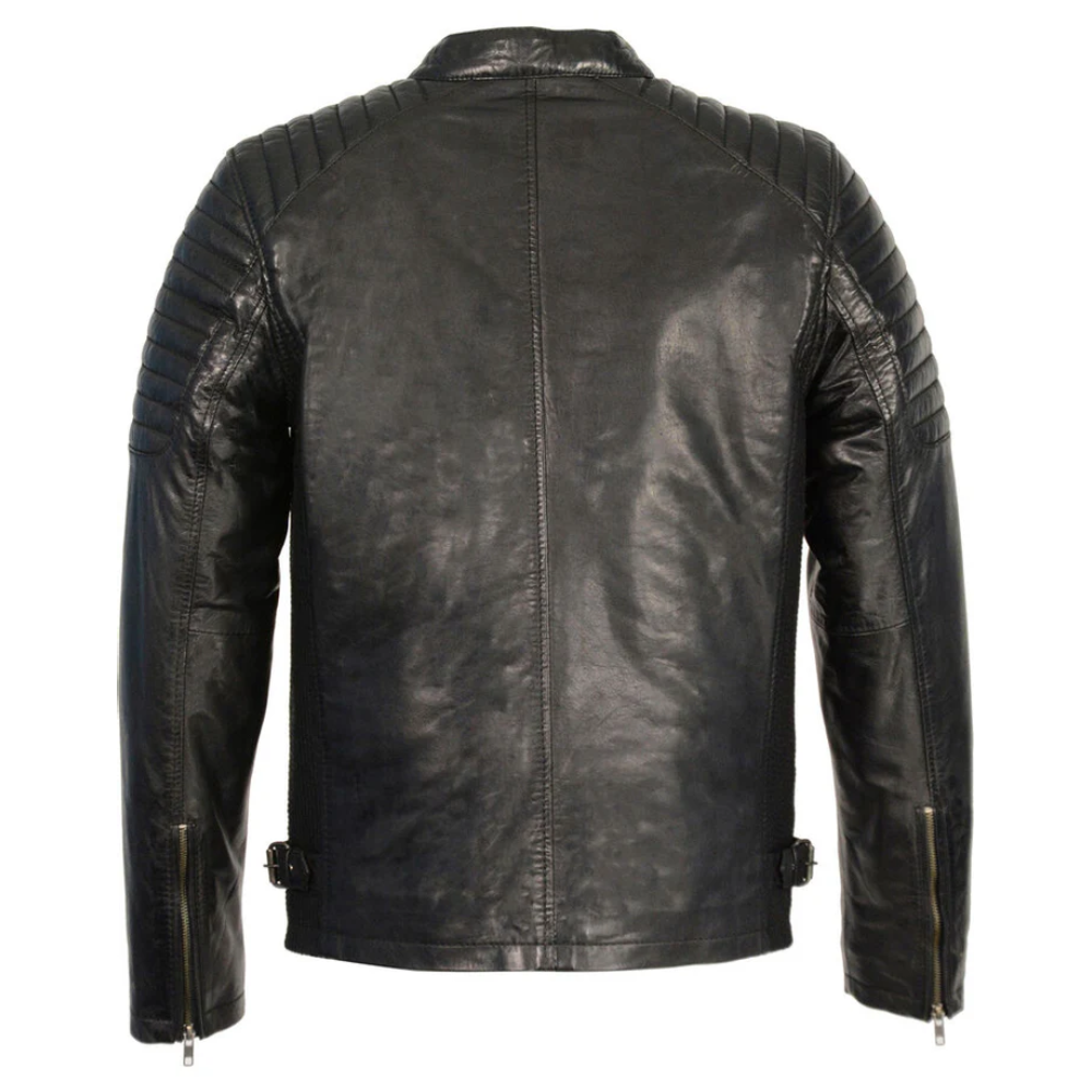 Men's Quilted Shoulders Snap Collar Leather Jacket