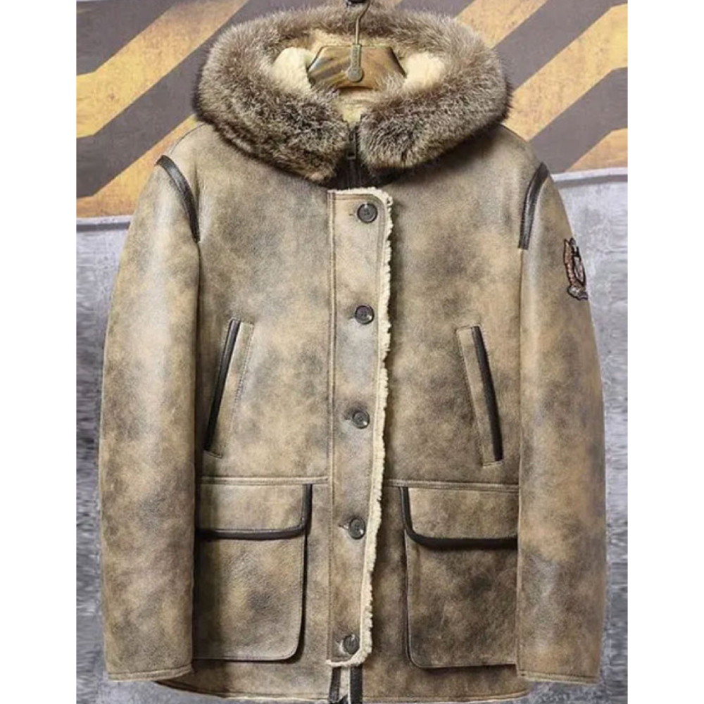 Mens Hooded Shearling Collar Leather Bomber Jacket - bombersflight