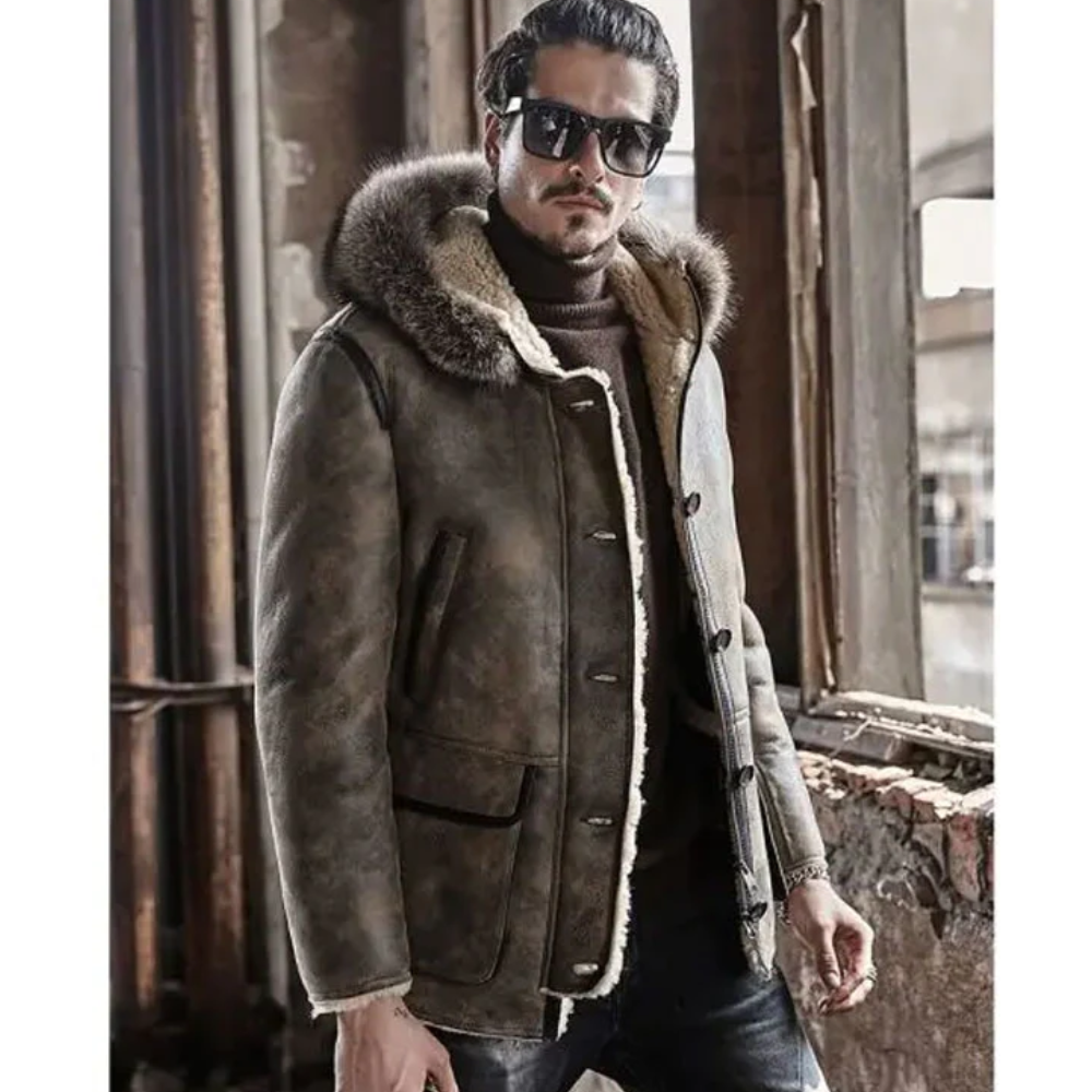 Mens Hooded Shearling Collar Leather Bomber Jacket - bombersflight