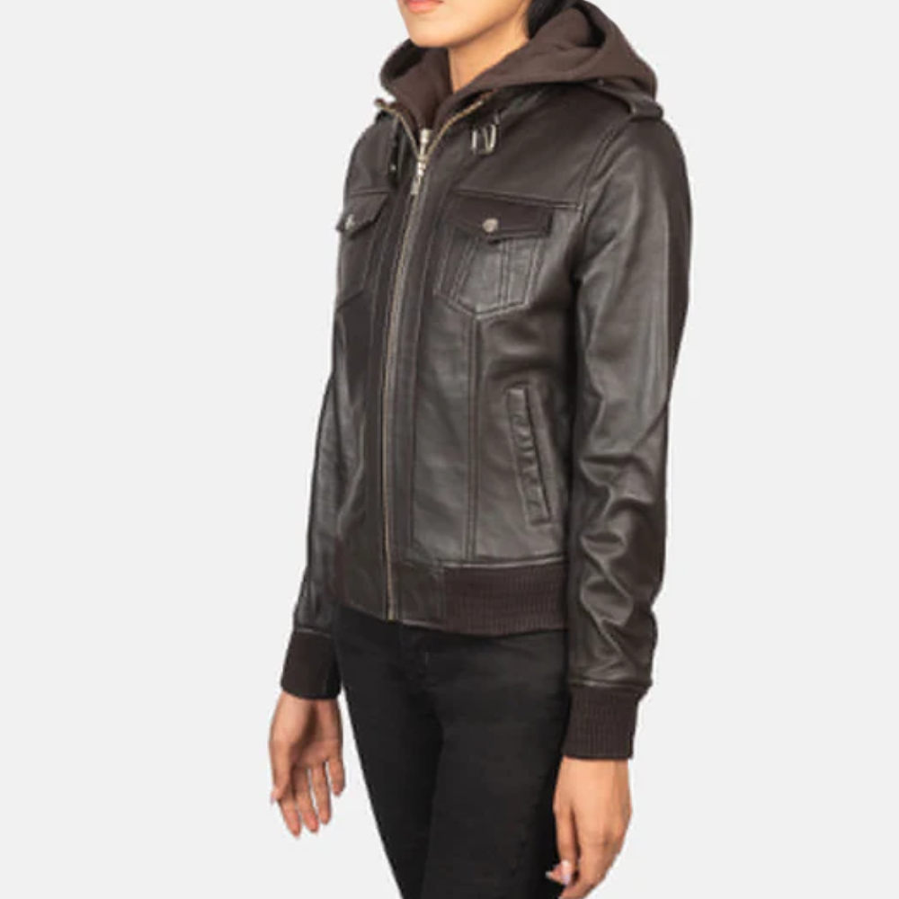 Brown Roslyn Hooded Bomber Leather Jacket