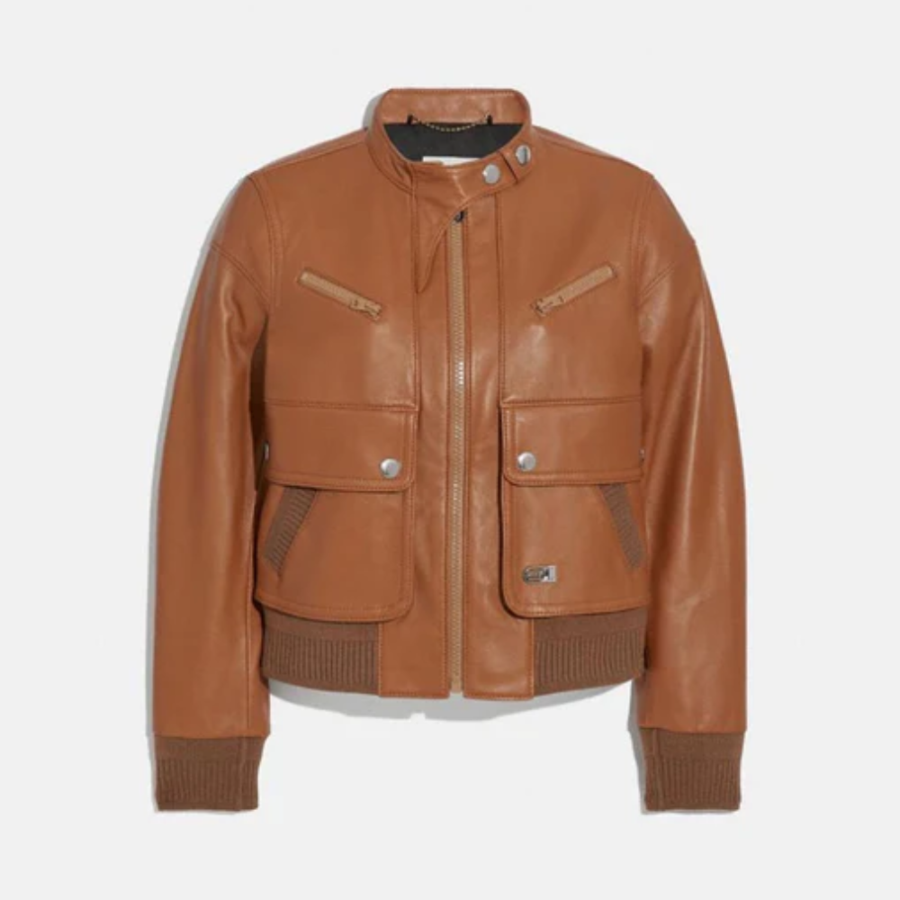 Brown Women Lambskin Biker Leather Bomber Jacket