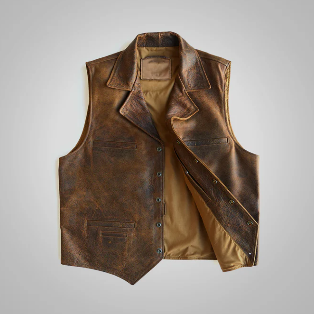 New Brown Mens Sheepskin Leather Cowboy Vest