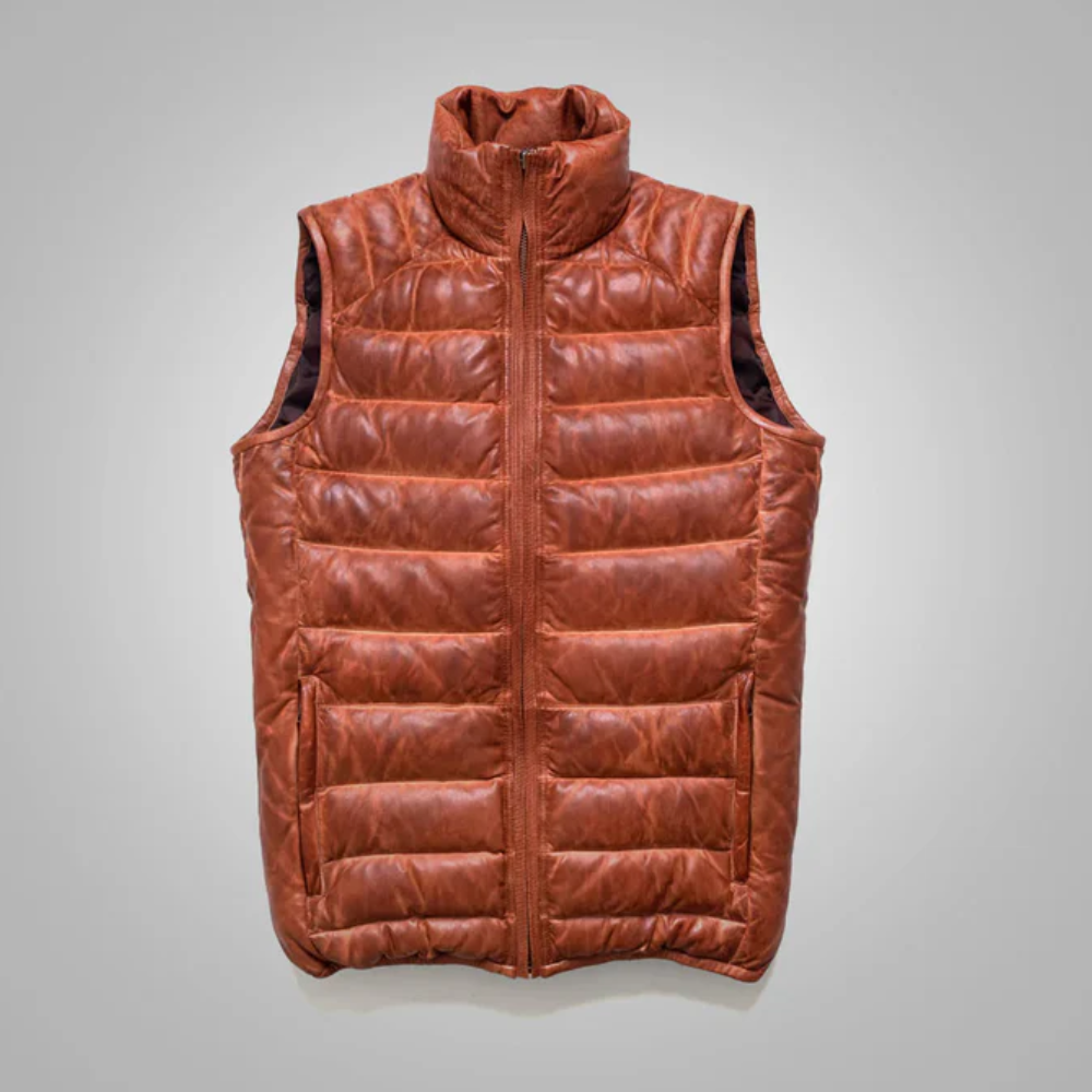 New Brown Mens Shearling Bubble Leather Down Vest