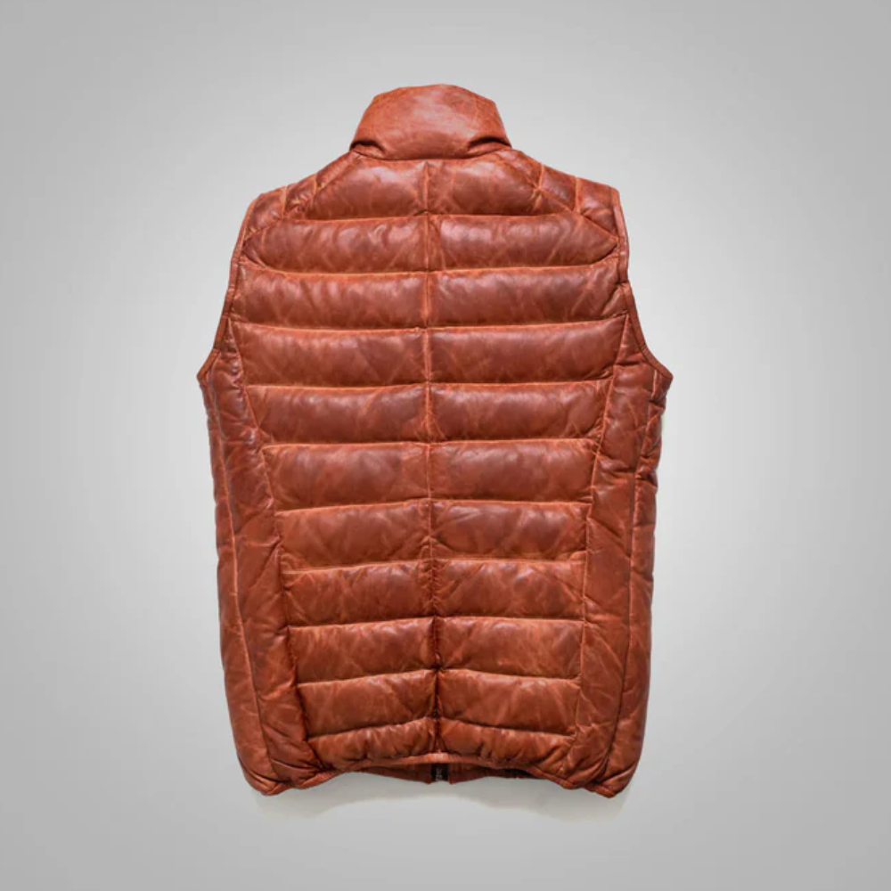 New Brown Mens Shearling Bubble Leather Down Vest