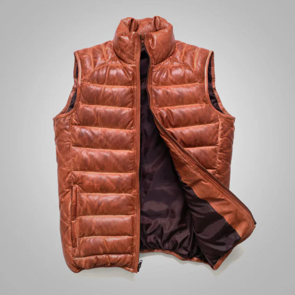 New Brown Mens Shearling Bubble Leather Down Vest