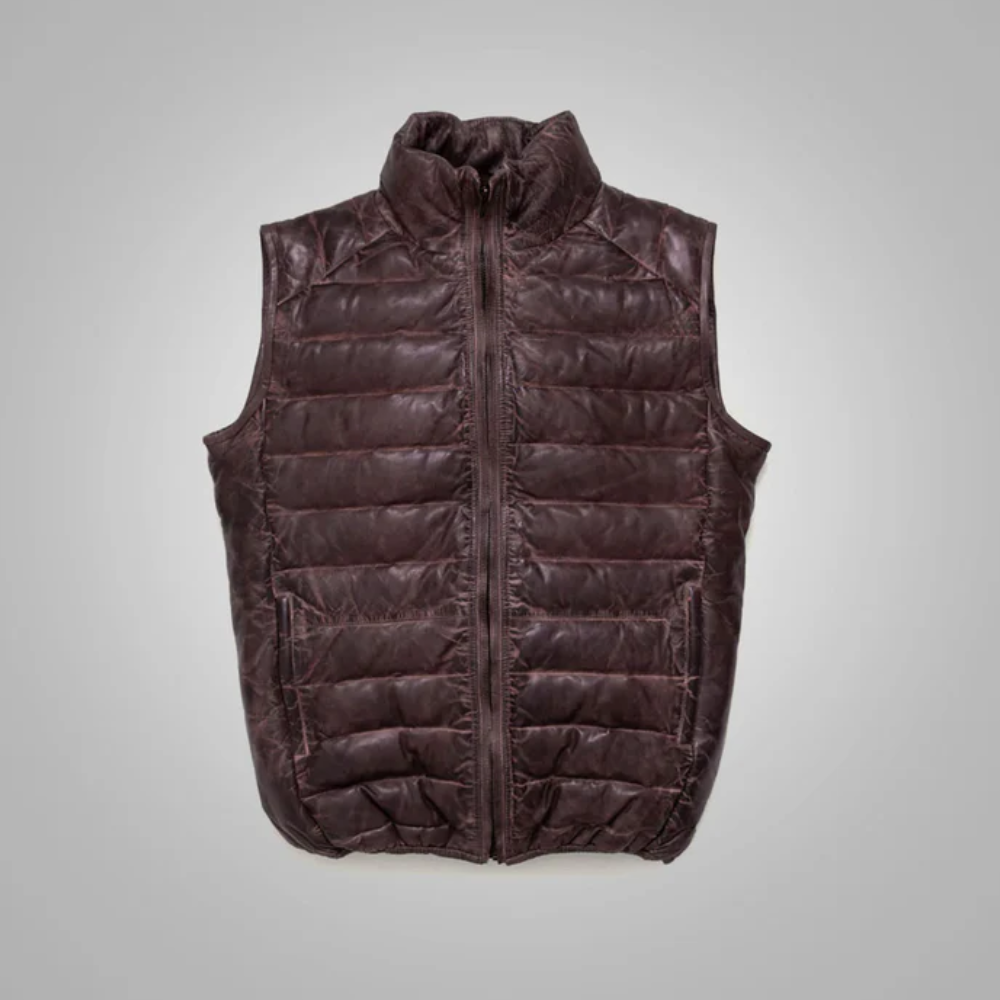 Mens Dark Brown Bubble Leather Down Vest