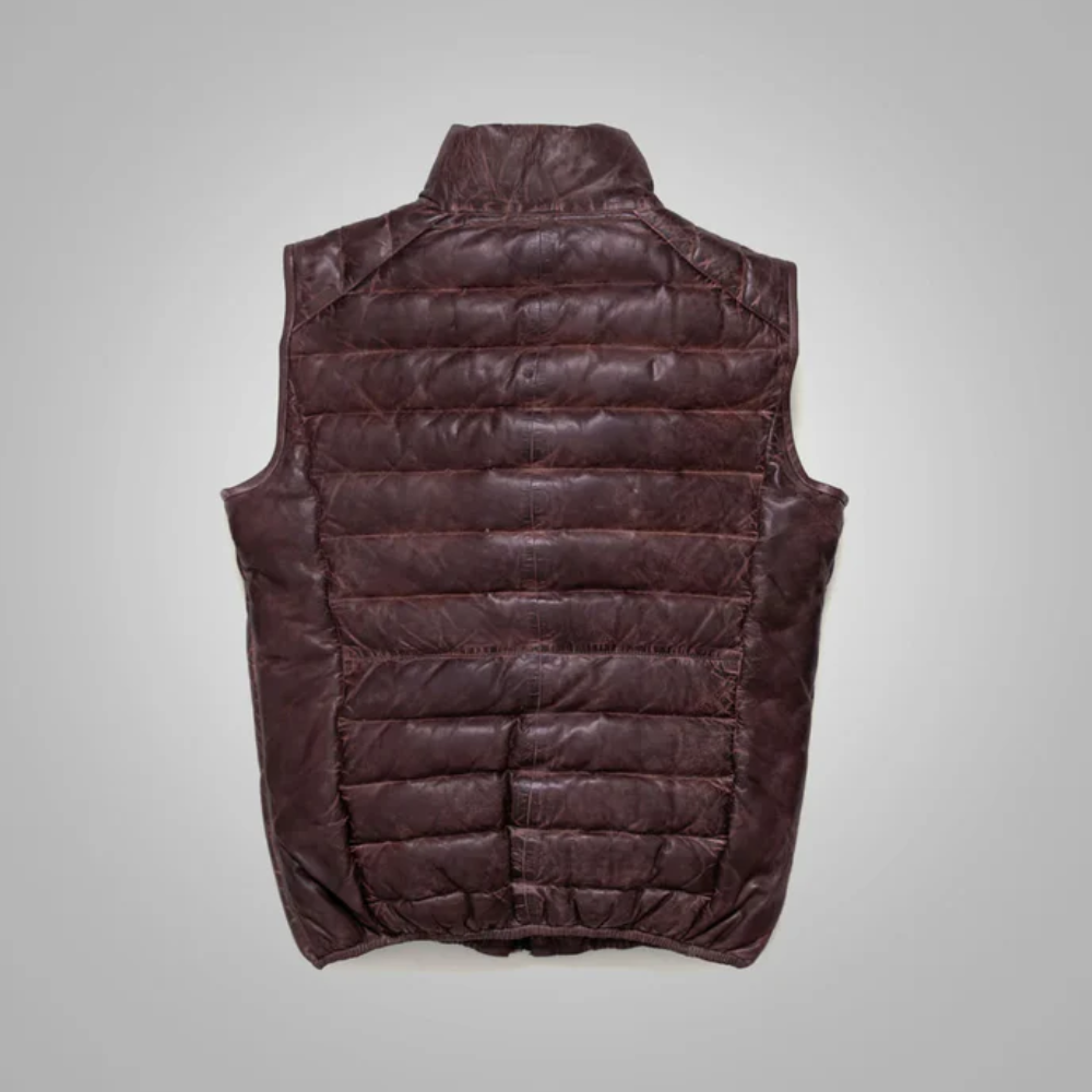 Mens Dark Brown Bubble Leather Down Vest