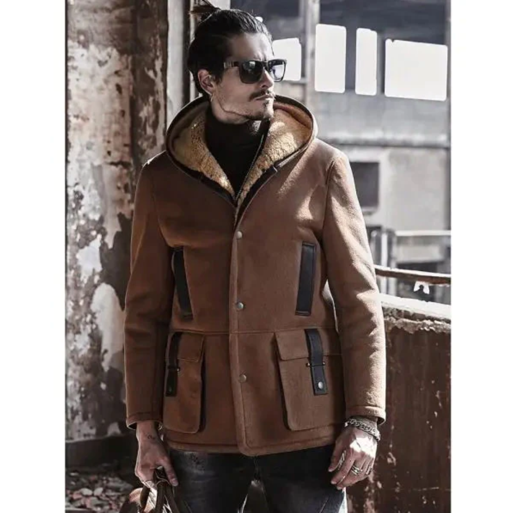 New Men's Shearling Leather Bomber Long Jacket Trench Coat - bombersflight