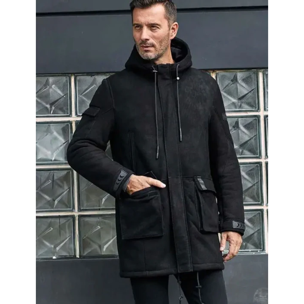 New  Winter Fur Coat Black Sheepskin Leather Overcoat - bombersflight