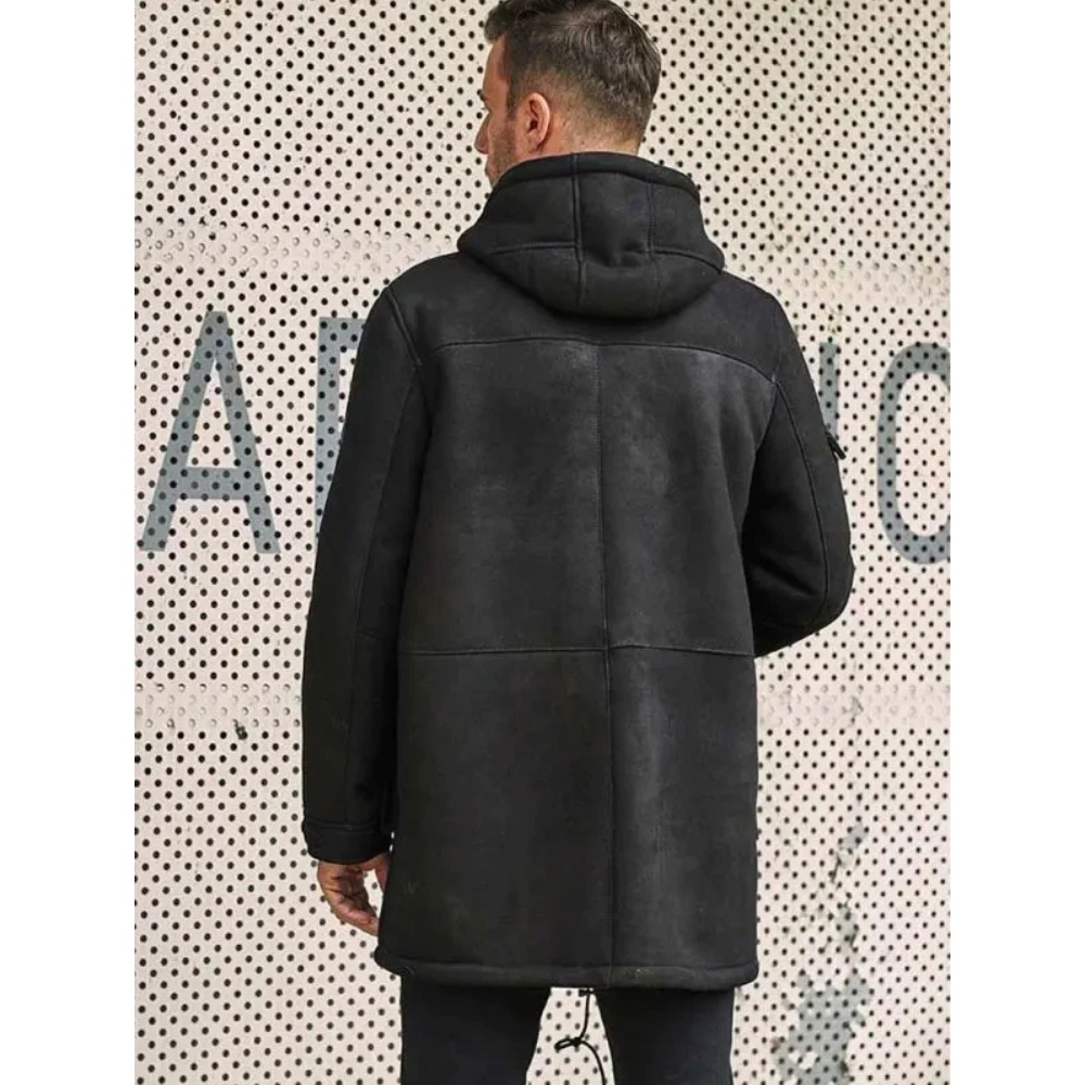 New  Winter Fur Coat Black Sheepskin Leather Overcoat - bombersflight