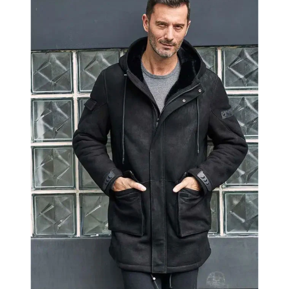 New  Winter Fur Coat Black Sheepskin Leather Overcoat - bombersflight