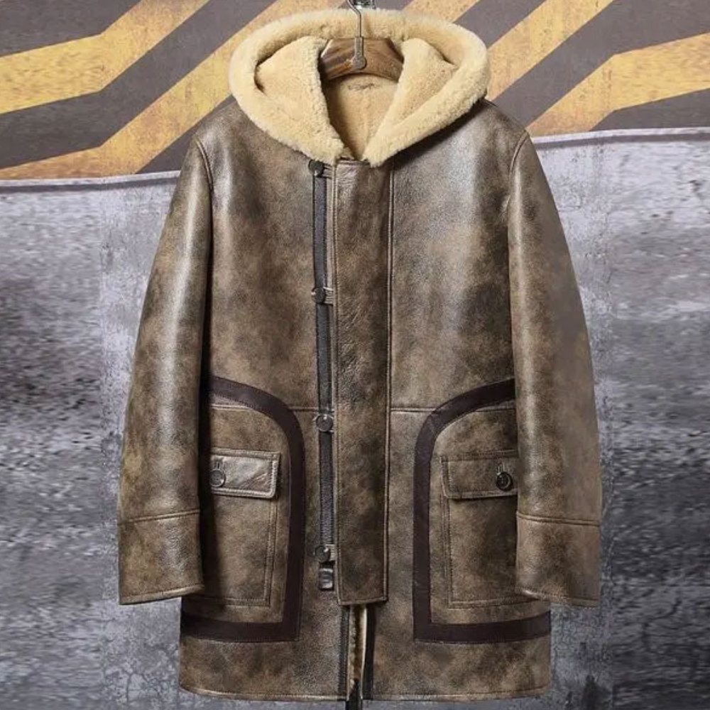 New Mens Hooded Fur Sheepskin Coat Long Leather Jacket - bombersflight