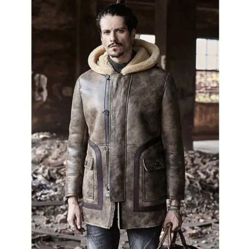 New Mens Hooded Fur Sheepskin Coat Long Leather Jacket - bombersflight