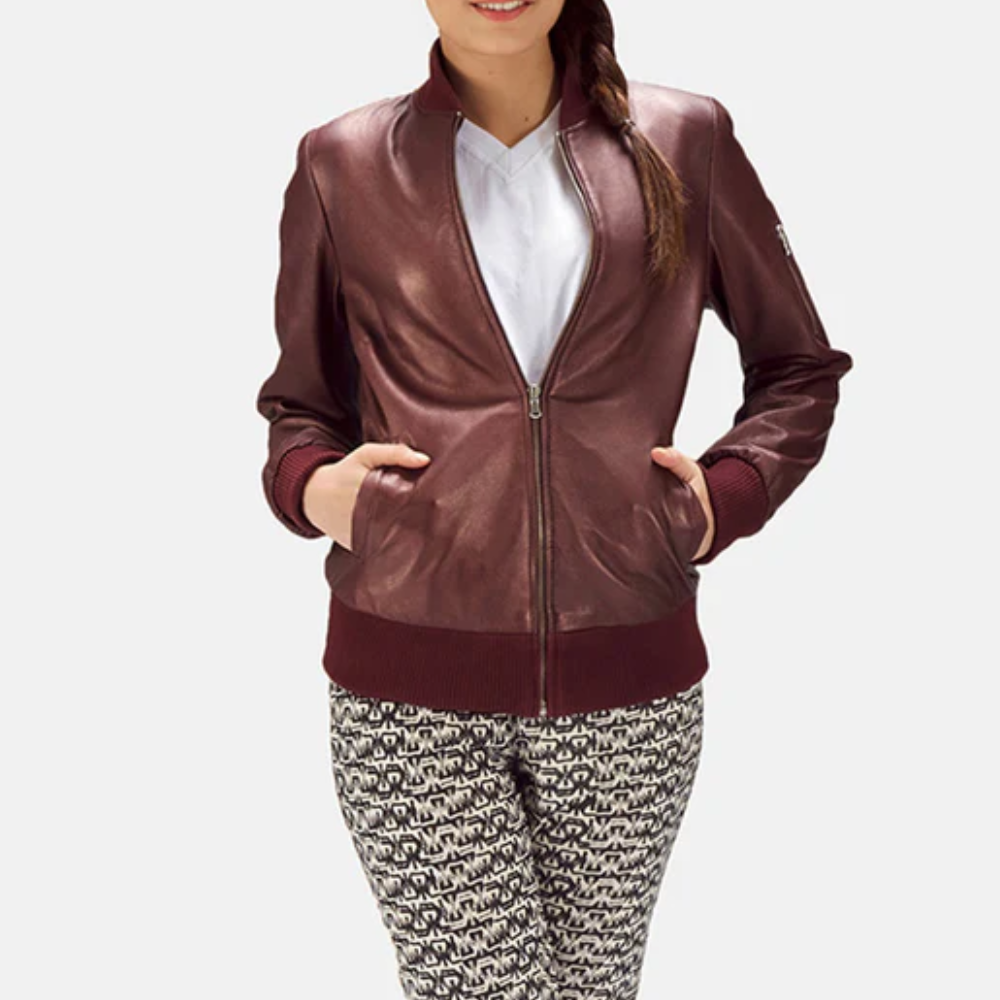 Women Sheepskin Maroon  A1 Bomber Leather Jacket