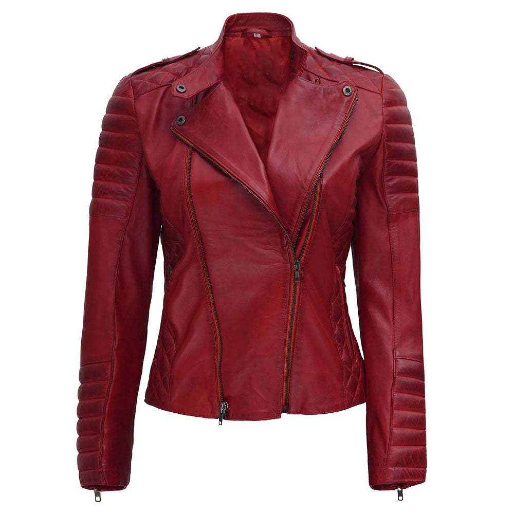 New Women's Red Sheepskin Leather Motorcycle Jacket - bombersflight