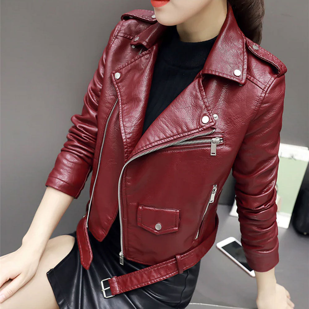 New Women's 2024 Sheepskin  Biker Red Leather Jacket - bombersflight