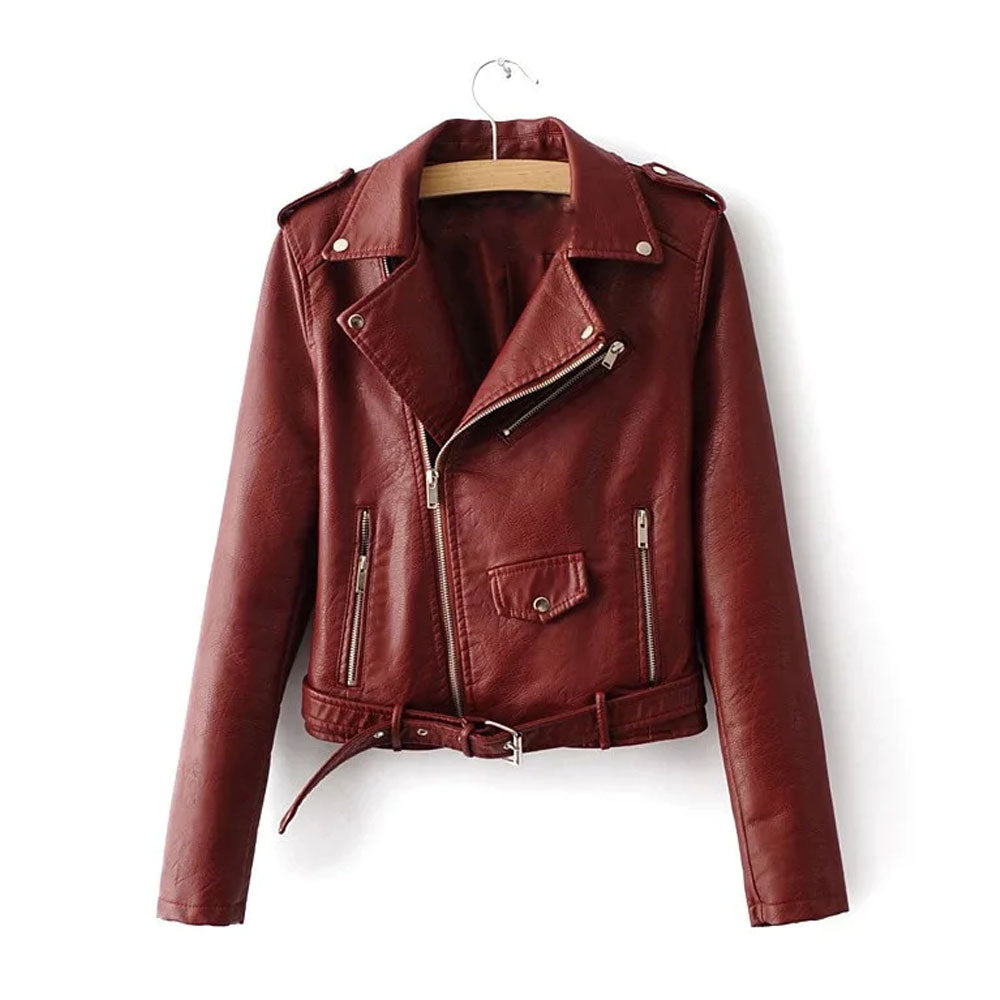 New Women's 2024 Sheepskin  Biker Red Leather Jacket - bombersflight